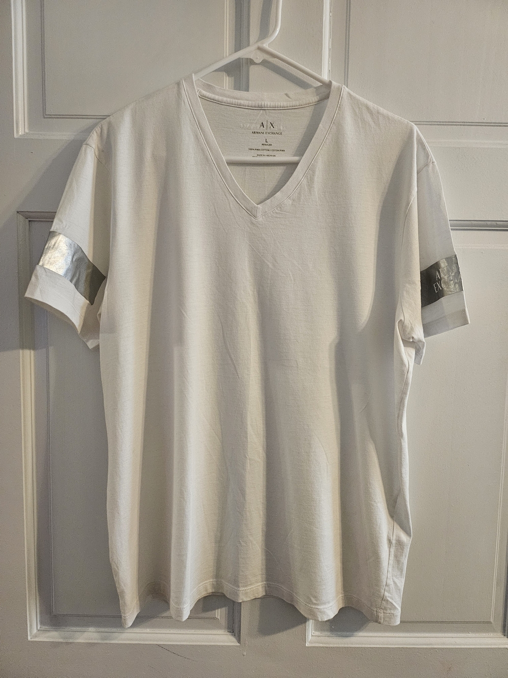 A/X Armani Exchange White V-Neck T-Shirt with Silver Sleeve Detail